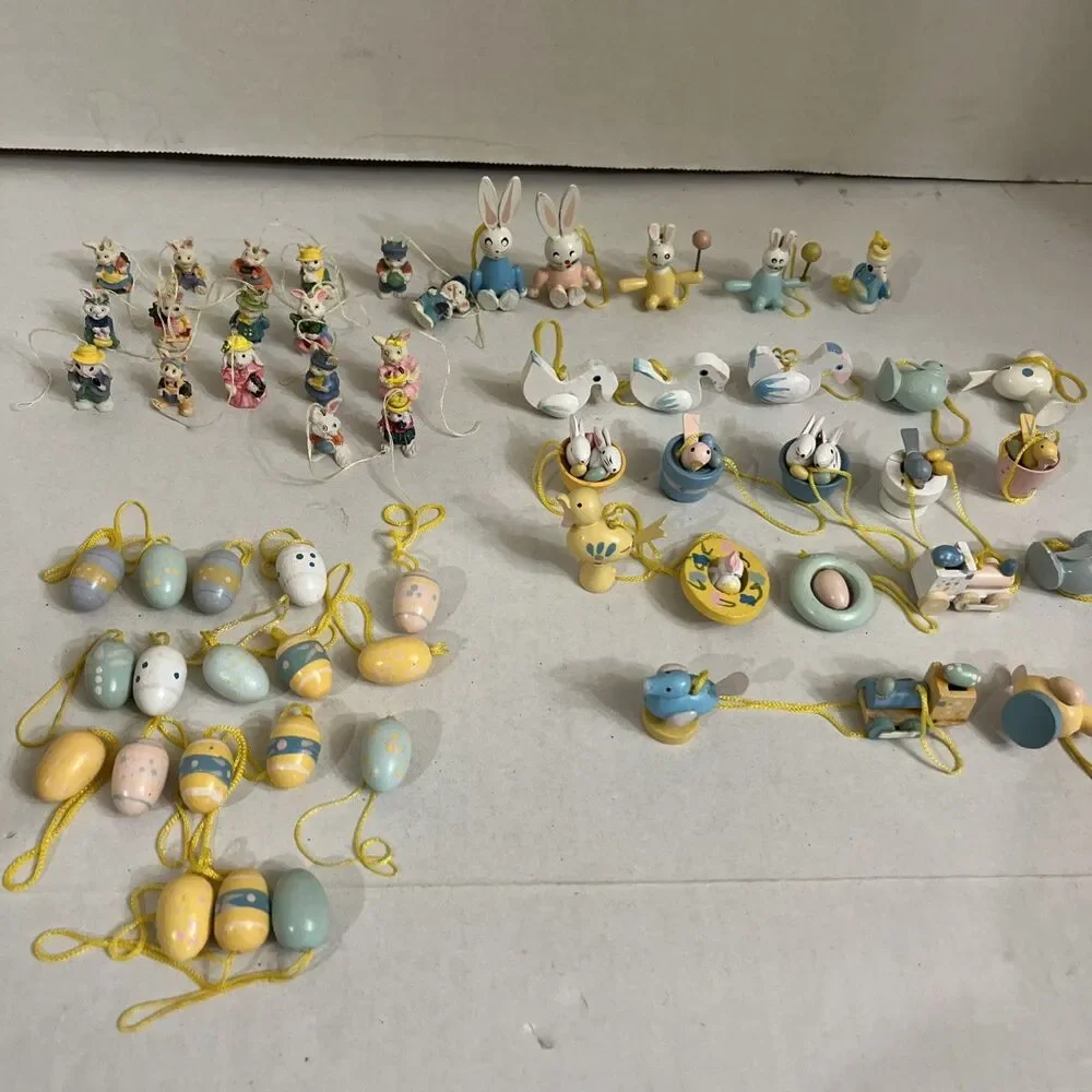 Huge Lot 58 Vtg Easter Ornaments Bunny Egg Chick Wood Resin Mini Tree Enesco Ect